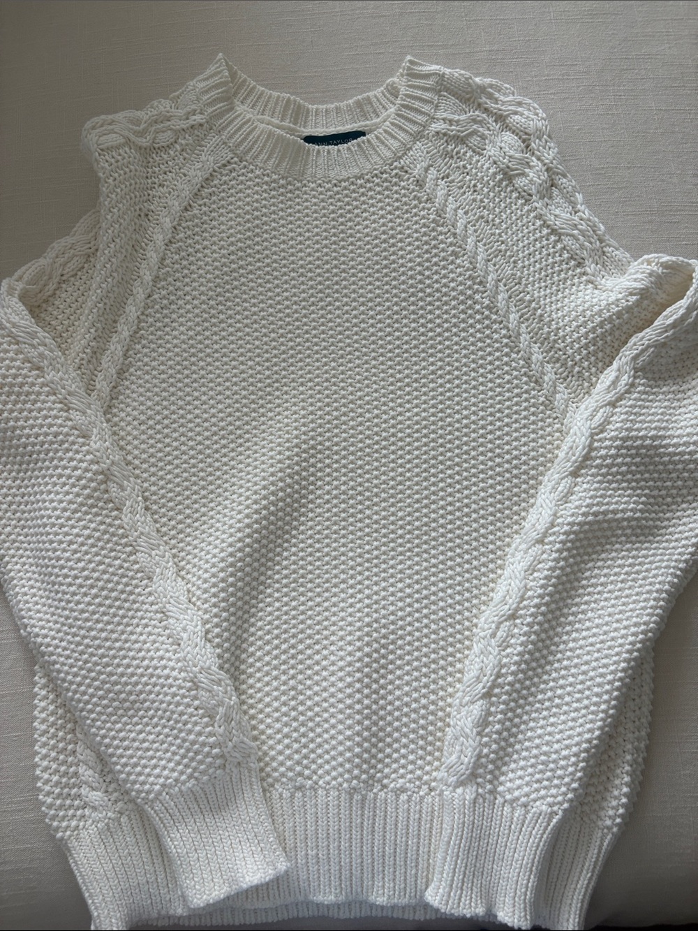 Ann Taylor Cream Cable-Trim Crewneck Sweater